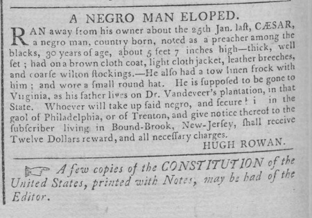 1791 New Jersey advertisement to recover escaped preacher Caesar.